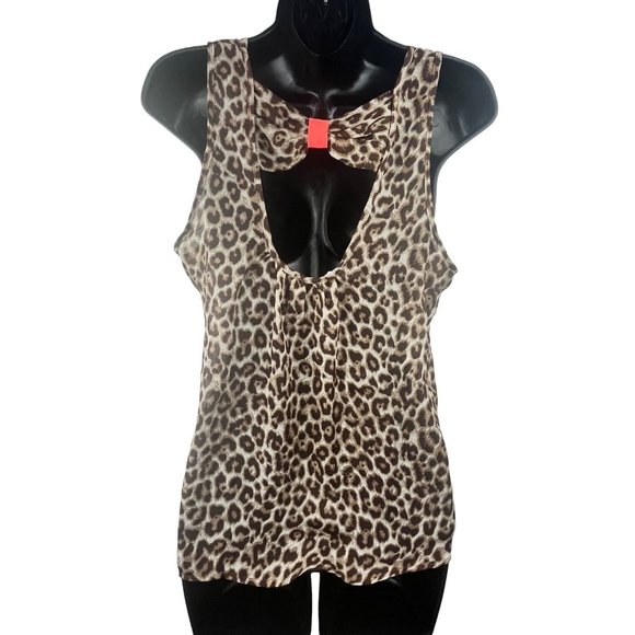 Women's Sheer overlay Tank, Leopard Print, Coral Accented Bow, Medium - Picture 5 of 12